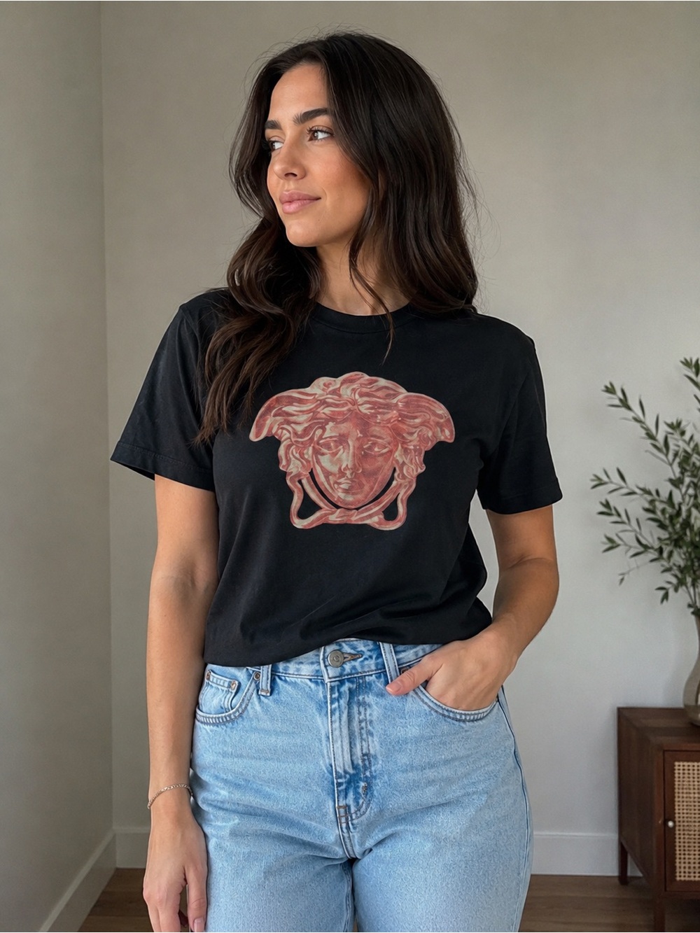 Gianni Versace Black Graphic Tee with Rose Medusa Print